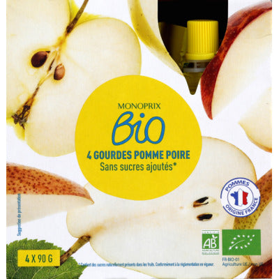 Monoprix Bio Gourdes pomme/poire sans sucres ajoutés 4x90g Monoprix Bio Gourdes pomme/poire sans sucres ajoutés 4x90g