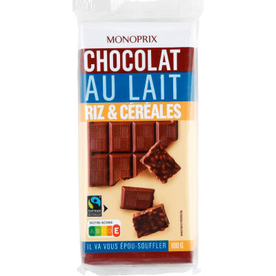 Monoprix Chocolat au lait, riz et céréales 2x100g Monoprix Chocolat au lait, riz et céréales 2x100g