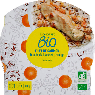 Monoprix Bio Filet de saumon sauce aneth et duo de riz 300g Monoprix Bio Filet de saumon sauce aneth et duo de riz 300g