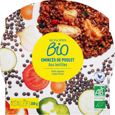 Monoprix Bio Émincés de volaille aux lentilles cuisinées 300g Monoprix Bio Émincés de volaille aux lentilles cuisinées 300g