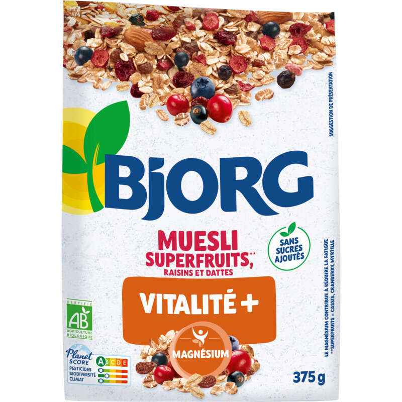 Bjorg Muesli superfruits raisin, cassis, cranberry, myrtille, Bio 375g Bjorg Muesli superfruits raisin, cassis, cranberry, myrtille, Bio 375g