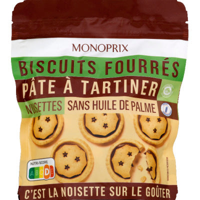 Monoprix Biscuits fourrés pâte à tartiner noisette 240g Monoprix Biscuits fourrés pâte à tartiner noisette 240g