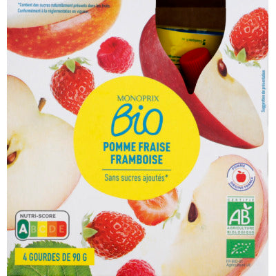 Monoprix Bio pomme fraise framboise gourdes 4x90g Monoprix Bio pomme fraise framboise gourdes 4x90g