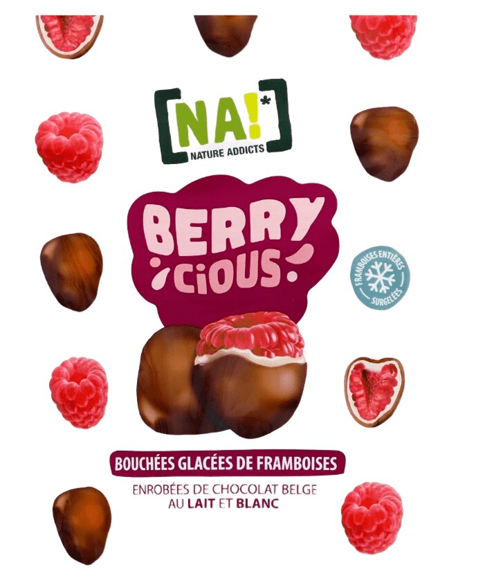 [NA !*] Framboises surgelées enrobées chocolat blanc et lait 100g