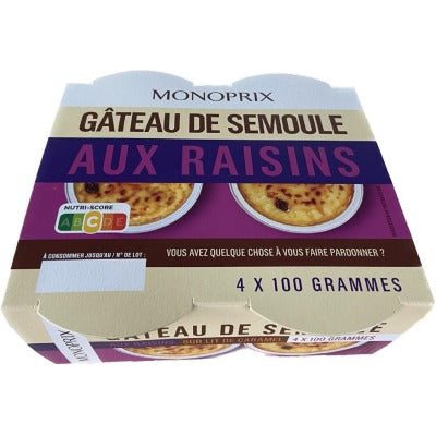 Monoprix Gâteau de Semoule aux Raisins 4x100g