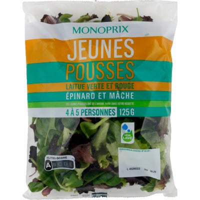 Monoprix jeunes pousses batavia blonde, épinard, lollo rouge & mâche 125g