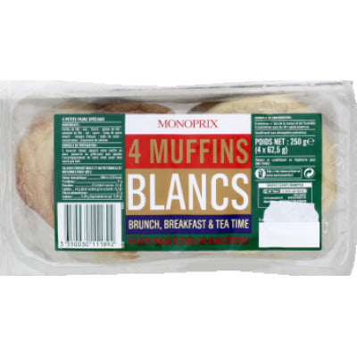 Monoprix 4 Muffins Blancs Recette Anglaise 250G