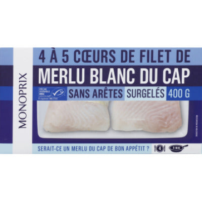 Monoprix Cœurs de Filet de Merlu Blanc Du Cap. Sans Arêtes. Surgelés. 400g