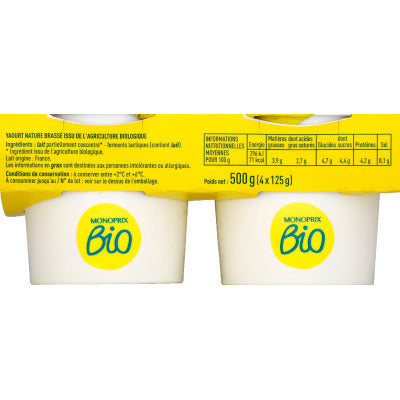 Monoprix Bio Yaourt Brassé Nature Bio 4x125g