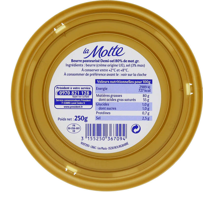 Président Beurre Gastronomique Sel De Mer 80% Mg Motte 250g