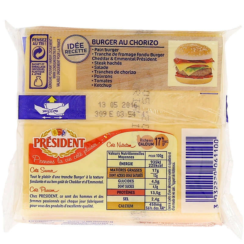 Président Burger Cheddar Et Emmental x12 Tranches 200g