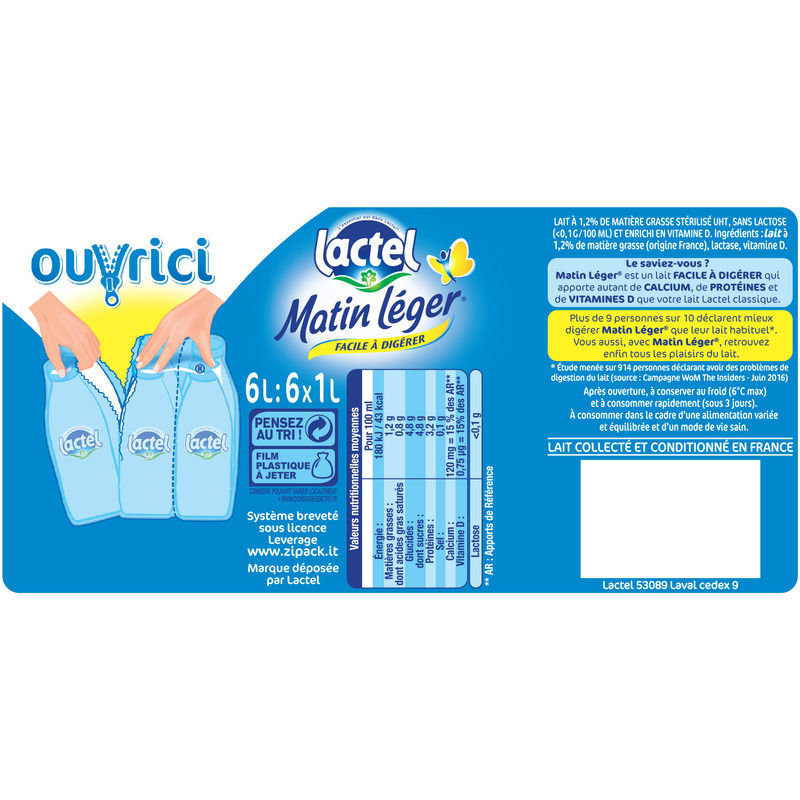 Matin Leger Lait Sans Lactose 6x1L