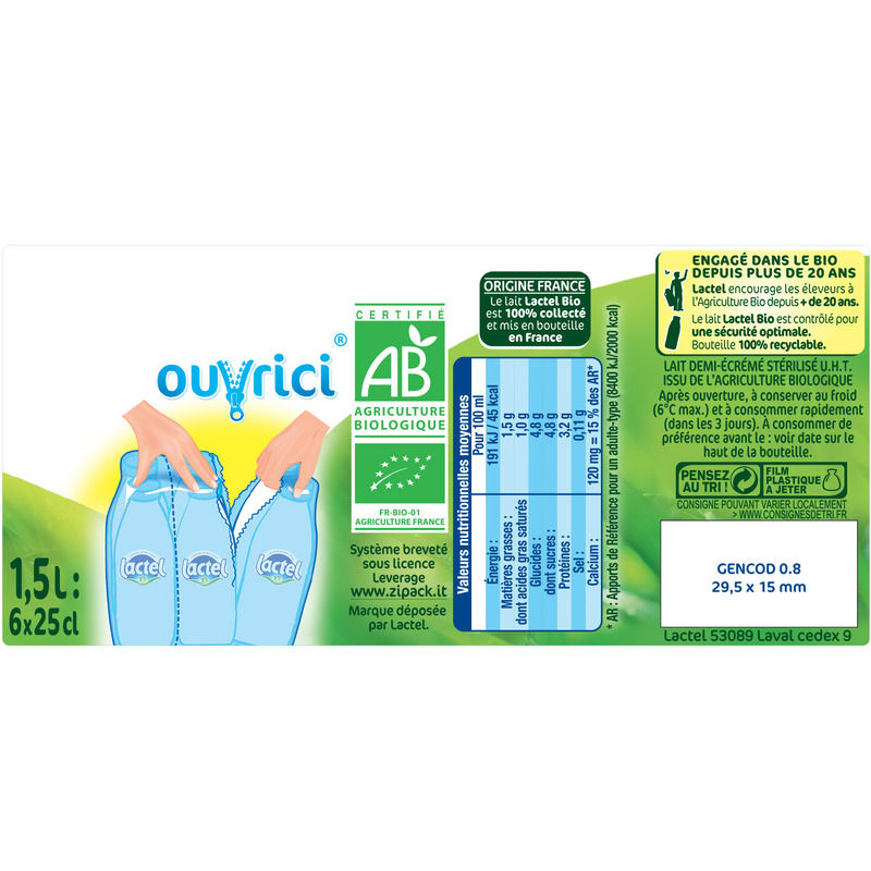 Lactel Lait Demi-Écrémé Bio 6x25cl
