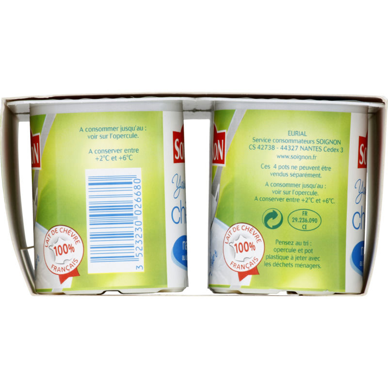 Soignon Yaourt au lait de chèvre nature 0% 4x125g