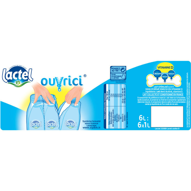 Lactel Lait Vitaminé Demi-Écrémé 6x1L