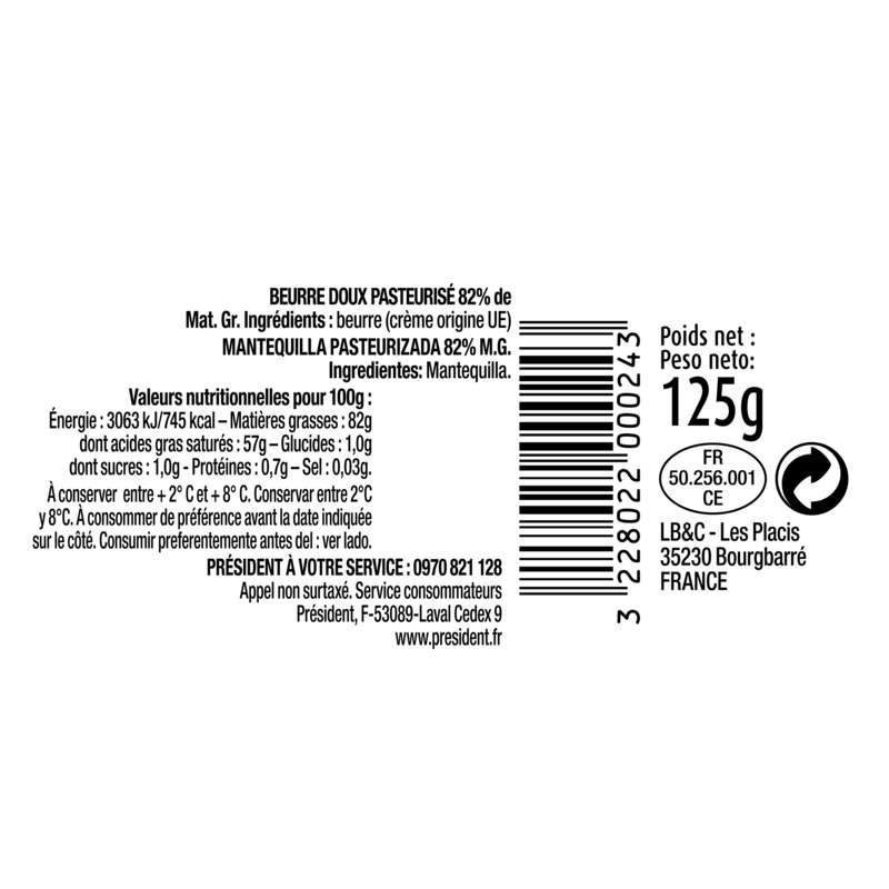 Président Beurre Tendre doux 82% MG Beurrier 125g