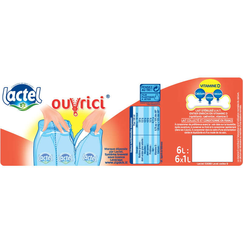 Lactel Vitamine D Entier Bouteille 6x1L