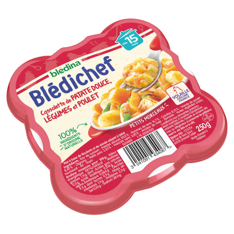 Blédina Cassolette de Patate Douce, Légumes et Poulet, dès 15 Mois, 250g