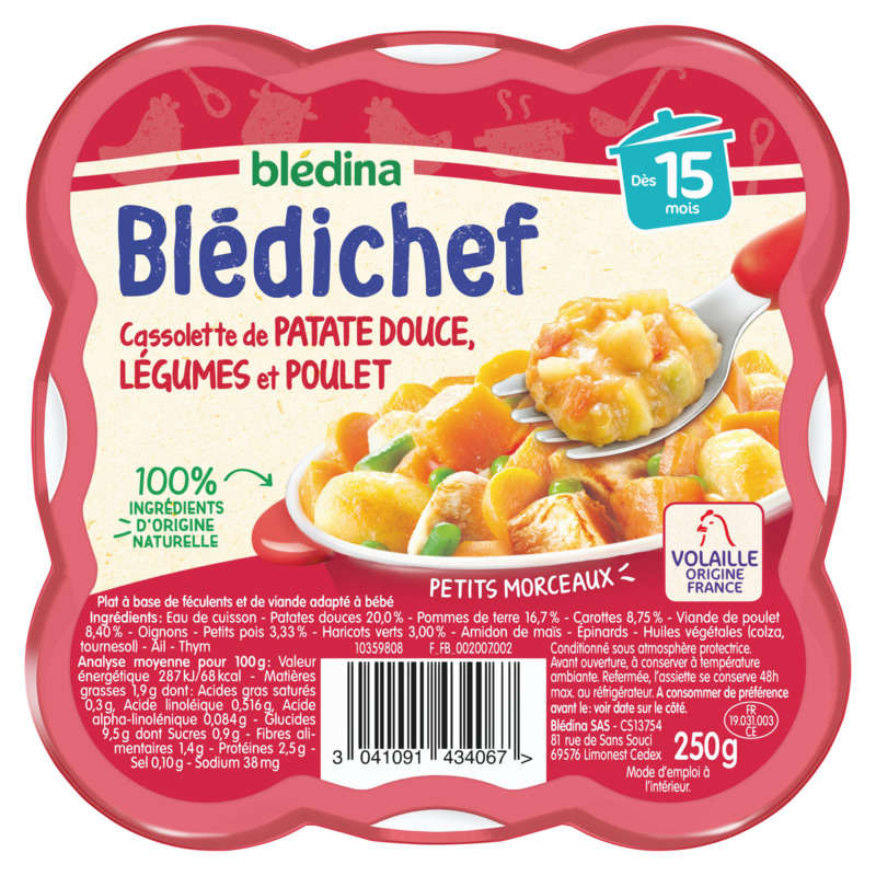 Blédina Cassolette de Patate Douce, Légumes et Poulet, dès 15 Mois, 250g