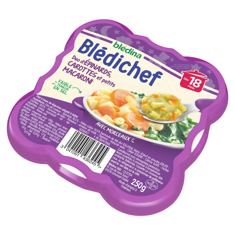 Blédina Duo d'Épinards, Carottes et Petits Macaroni, dès 18 Mois 250g