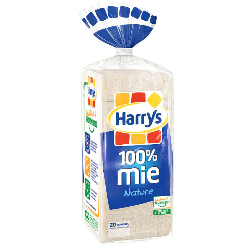 Harrys Pain de mie 100% mie nature sans croute sans additifs 500g