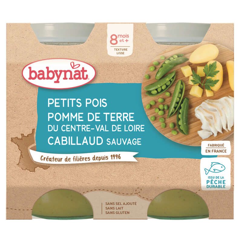 Babynat Cabillaud, Petits Pois, Pomme de Terre Val de Loire dès 8 Mois 2x200g