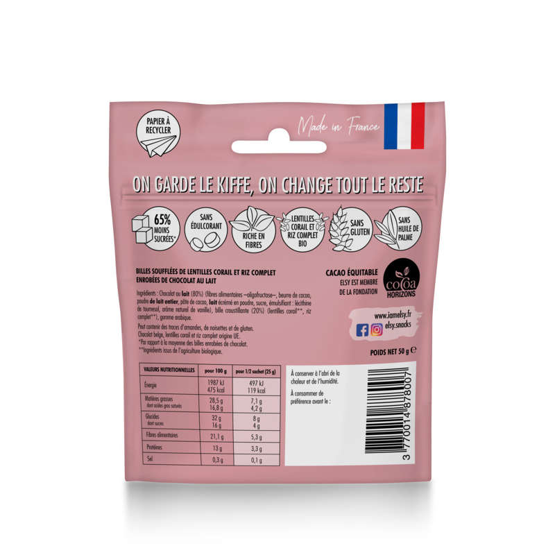 Elsy I Am Bonbons Chocolat lait Lentille Corail Riz 50g