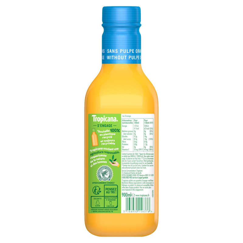 Tropicana Pur Jus Frais d'Orange sans Pulpe la Bouteille de 90cl