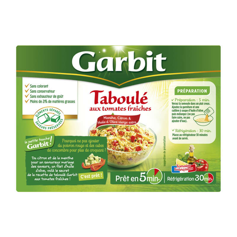 Garbit Taboulé aux tomates fraîches, menthe, citron & huile d'olive 525g