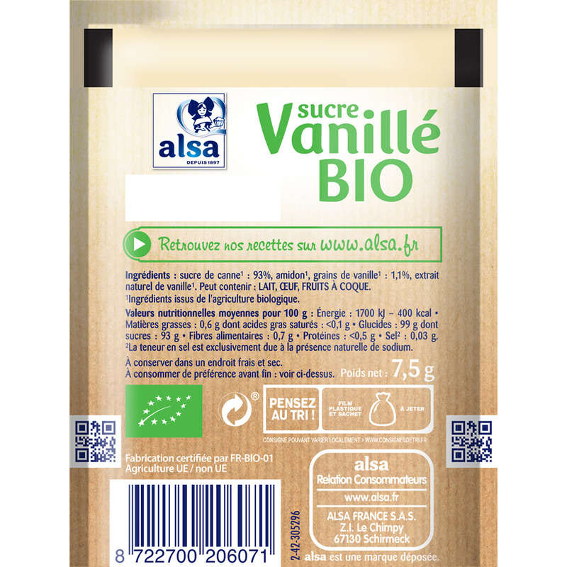 Alsa Sucre Vanillé Bio Equitable 6 Sachets 45g