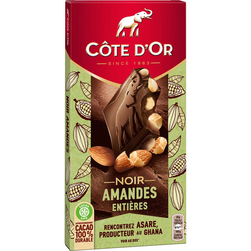 Côte D'or Tablette Chocolat Noir Aux Amandes Entières 180g