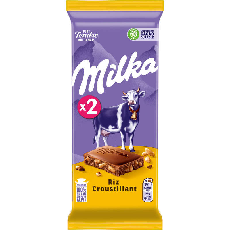 Milka Tablette Chocolat Au Lait Et Au Riz Croustillant 2x100g