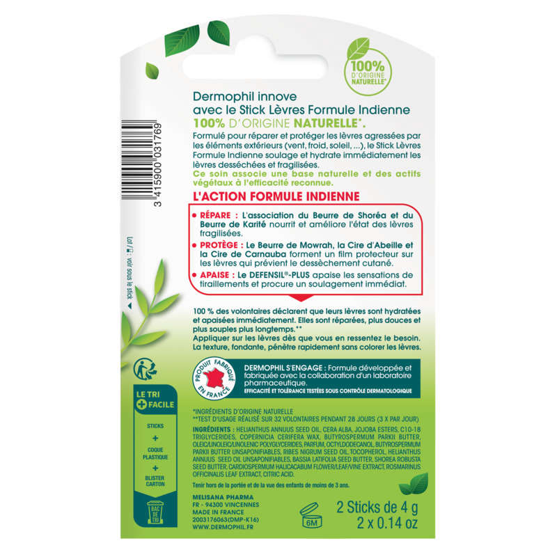 Dermophil (Gms) Stick À Lèvres Réparateur Protecteur Formule Indienne 2x4g