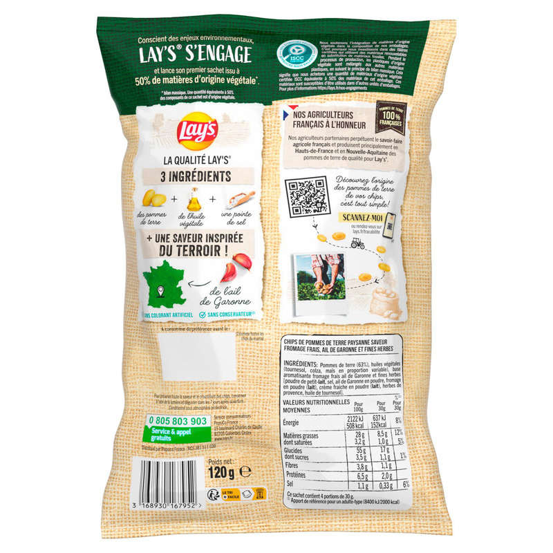 Lay's - Chips paysanne saveur fromage frais, ail de Garonne et fines herbes - Le sachet de 120g