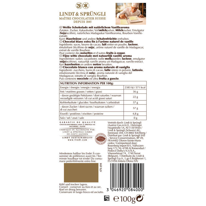 Lindt Excellence Chocolat Blanc Extra Velouté À La Vanille Bourbon 100g