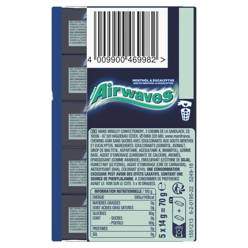 Airwaves Chewing-Gum Menthol Et Eucalyptus Sans Sucres 70g