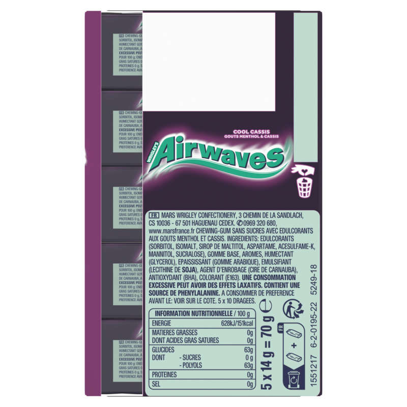 Airwaves Chewing-Gum Menthol Cool Cassis Sans Sucres 70g