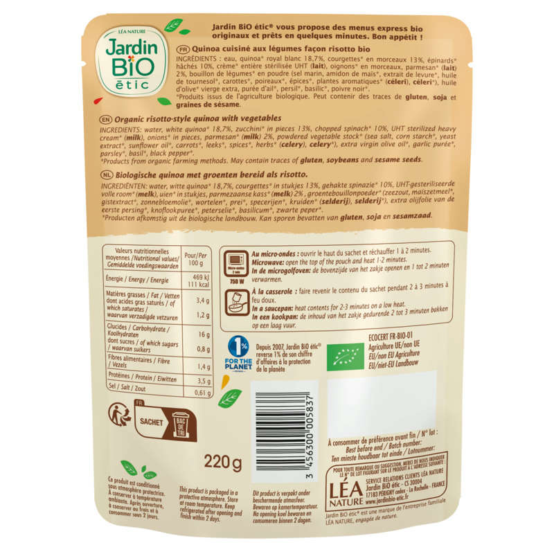 Jardin Bio Quinotto Légumes Verts & Parmesan 220g