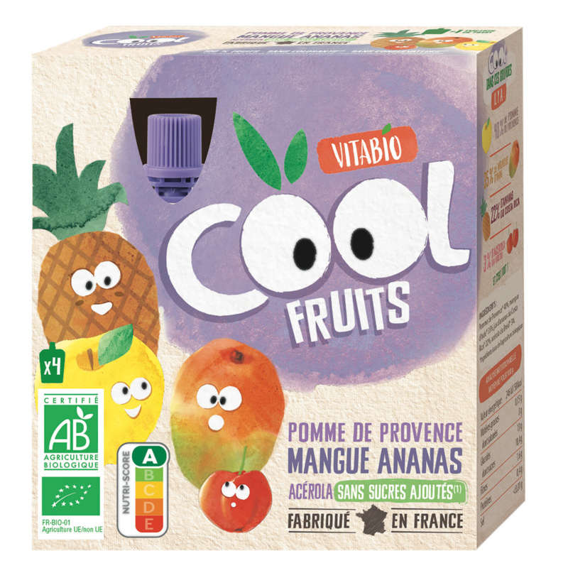 Vitabio Cool Fruits Pomme Mangue Ananas Bio 4x90g