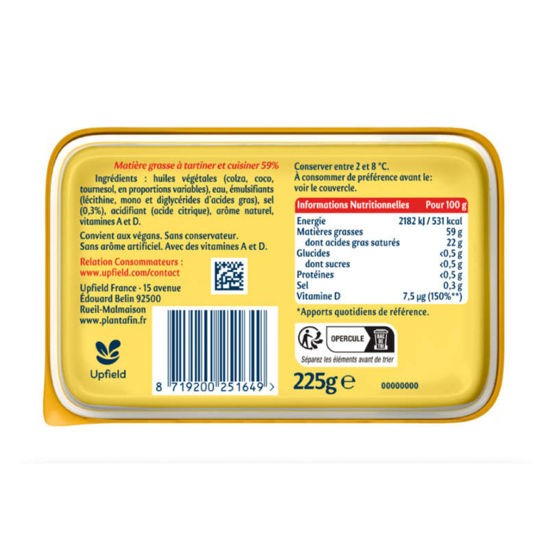 Planta Fin margarine doux 100% végétal 225g