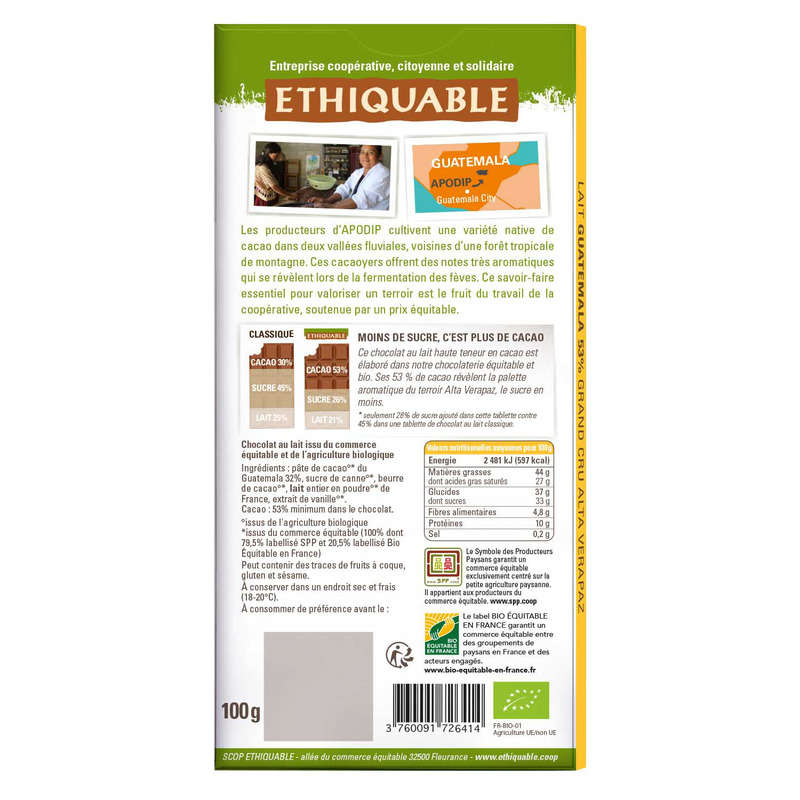 Ethiquable Chocolat Au Lait 53% Bio 100g