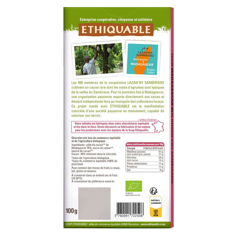 Ethiquable Chocolat Noir 85% Bio 100g