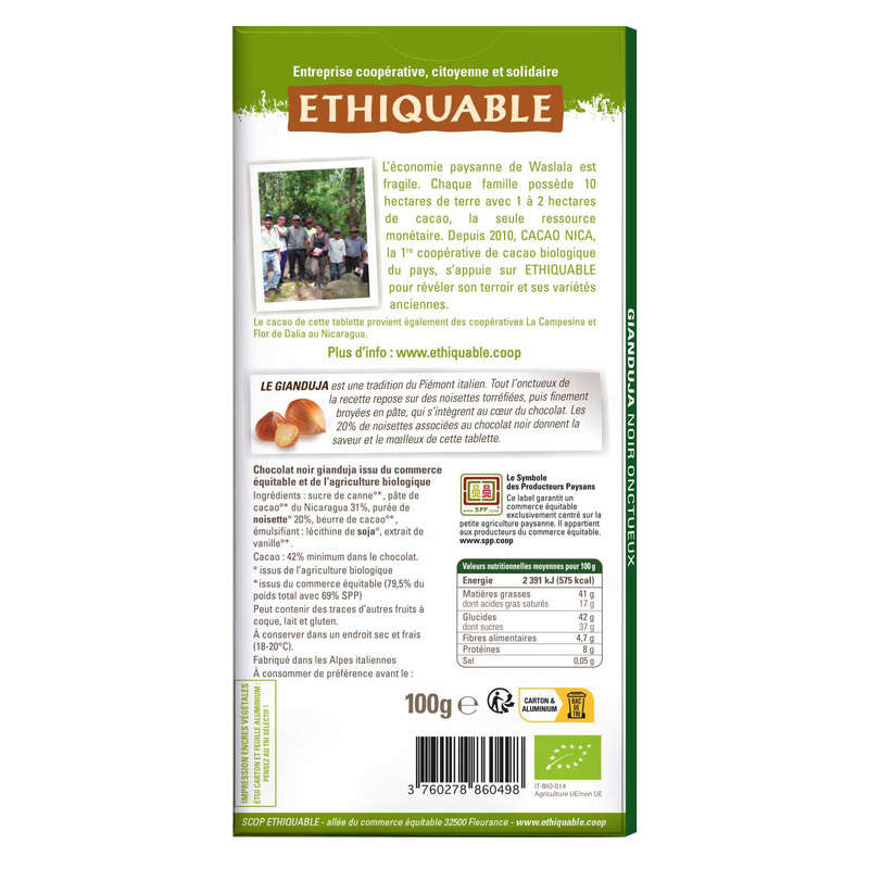 Ethiquable Chocolat Noir Gianduja Onctueux Bio 100g