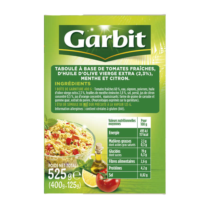 Garbit Taboulé aux tomates fraîches, menthe, citron & huile d'olive 525g