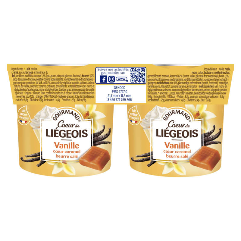 Mamie Nova Dessert Gourmand Cœur de Liégois Vanille Cœur Caramel 2x120g