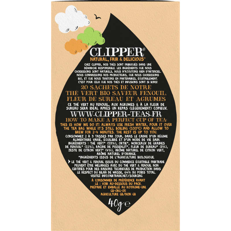 Clipper Thé Vert Détox Bio Fleur De Sureau, Fenouil & Agrumes 40g