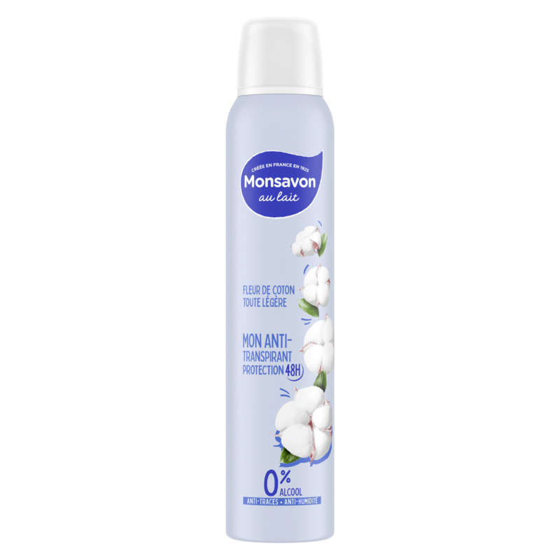 Monsavon Déodorant Femme Spray Antibactérien Lait & Coton 0% Alcool 200Ml