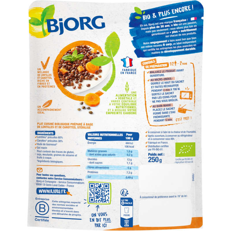 Bjorg Lentilles & carottes bio 250g