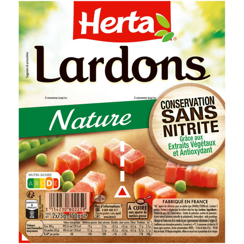 Herta Lardons Nature sans nitrite 2x75g