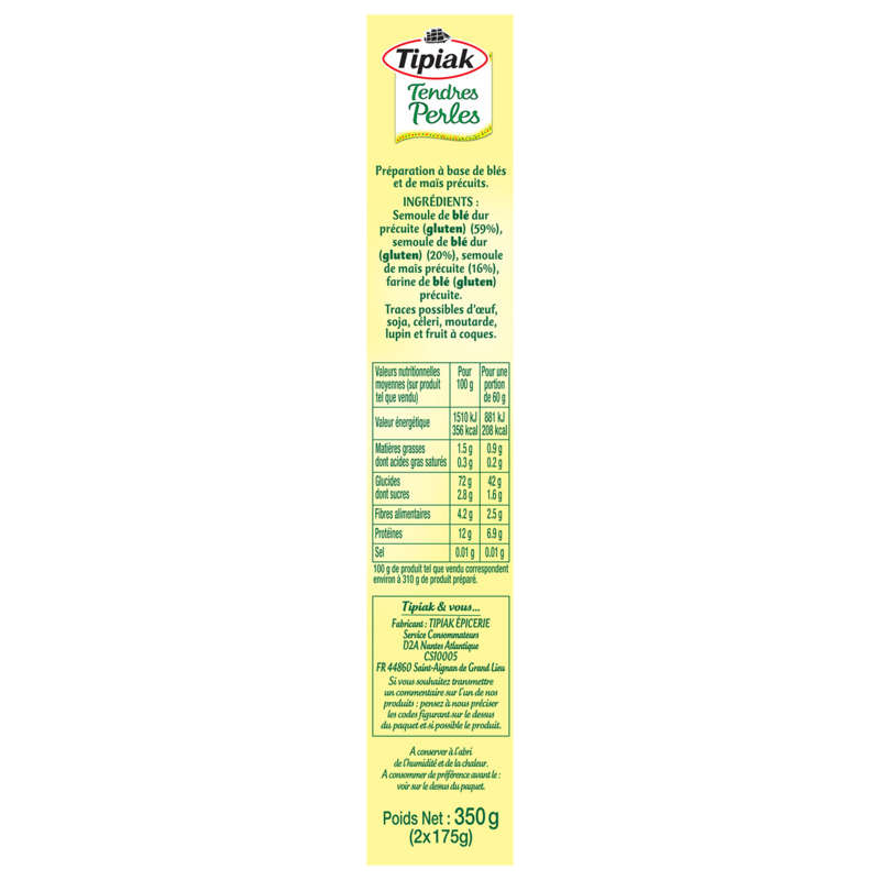 Tipiak Blé Tendres Perles Prêt en 5min Sachets Cuisson x2, 350g